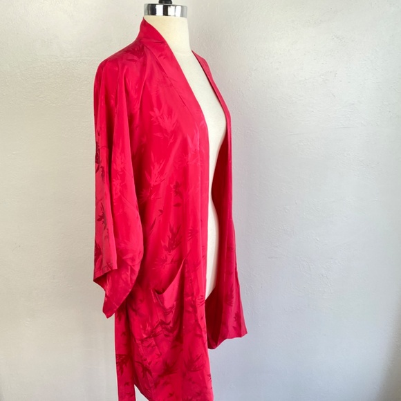 Hot Pink Chinese Peignoir Kimono Short Robe Large Bamboo Leaves Tie Belt Pockets - Picture 14 of 16
